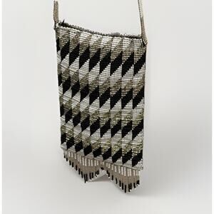 Hand Beaded Mini Crossbody Bag Black Gold Pattern Fringe 7x4 Small Vintage Style